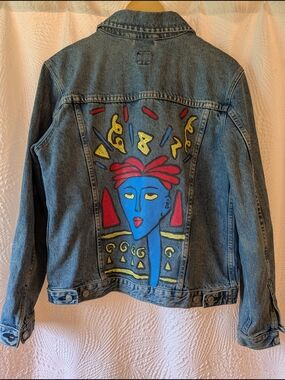 Hand-Painted Blue Denim Gap Jacket with Colorful Art Back - Size L